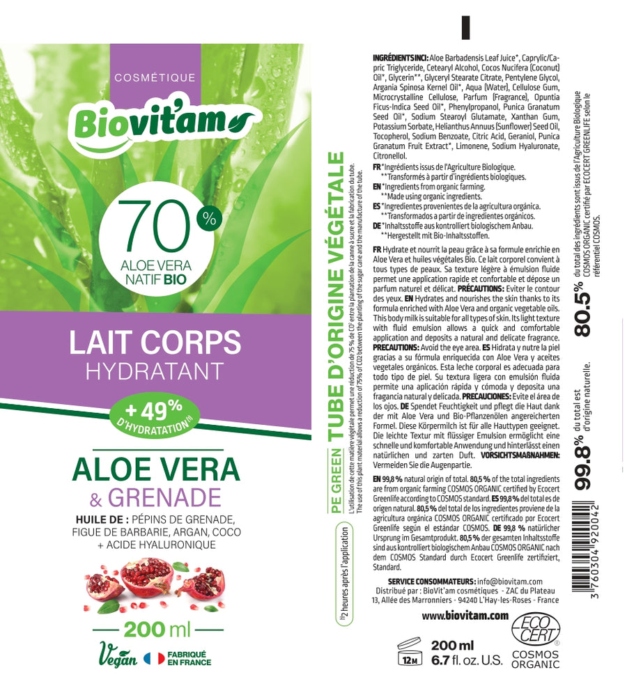 Lait corps hydratant exceptionnel Aloé Véra & Grenade 200 ml et 80% bio