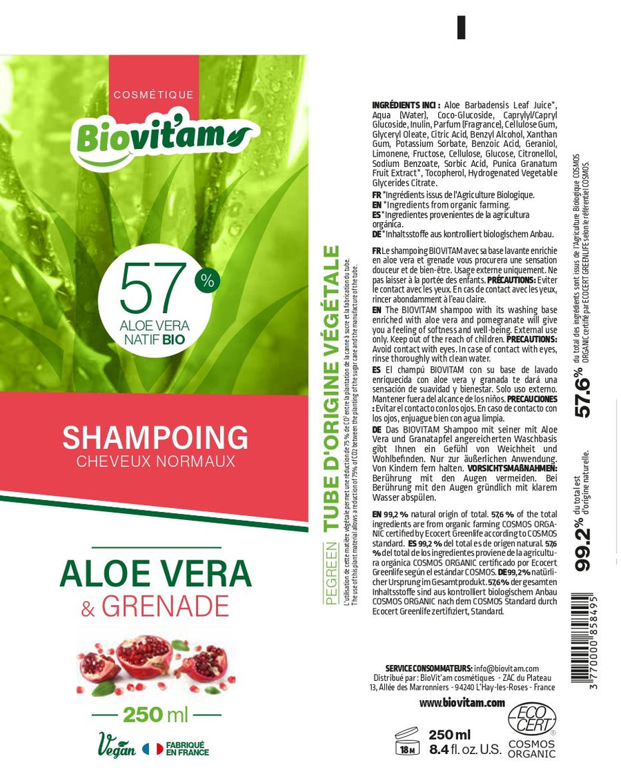 Shampoing irrésistible Aloé Véra & Grenade 250 ml et 57% bio